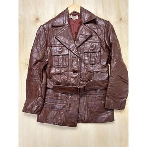 Vintage Leather Jacket Womens Medium Brown Belted Patchwork Collared Lined